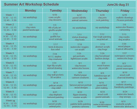 The Village Artist Summer Camp Schedule.